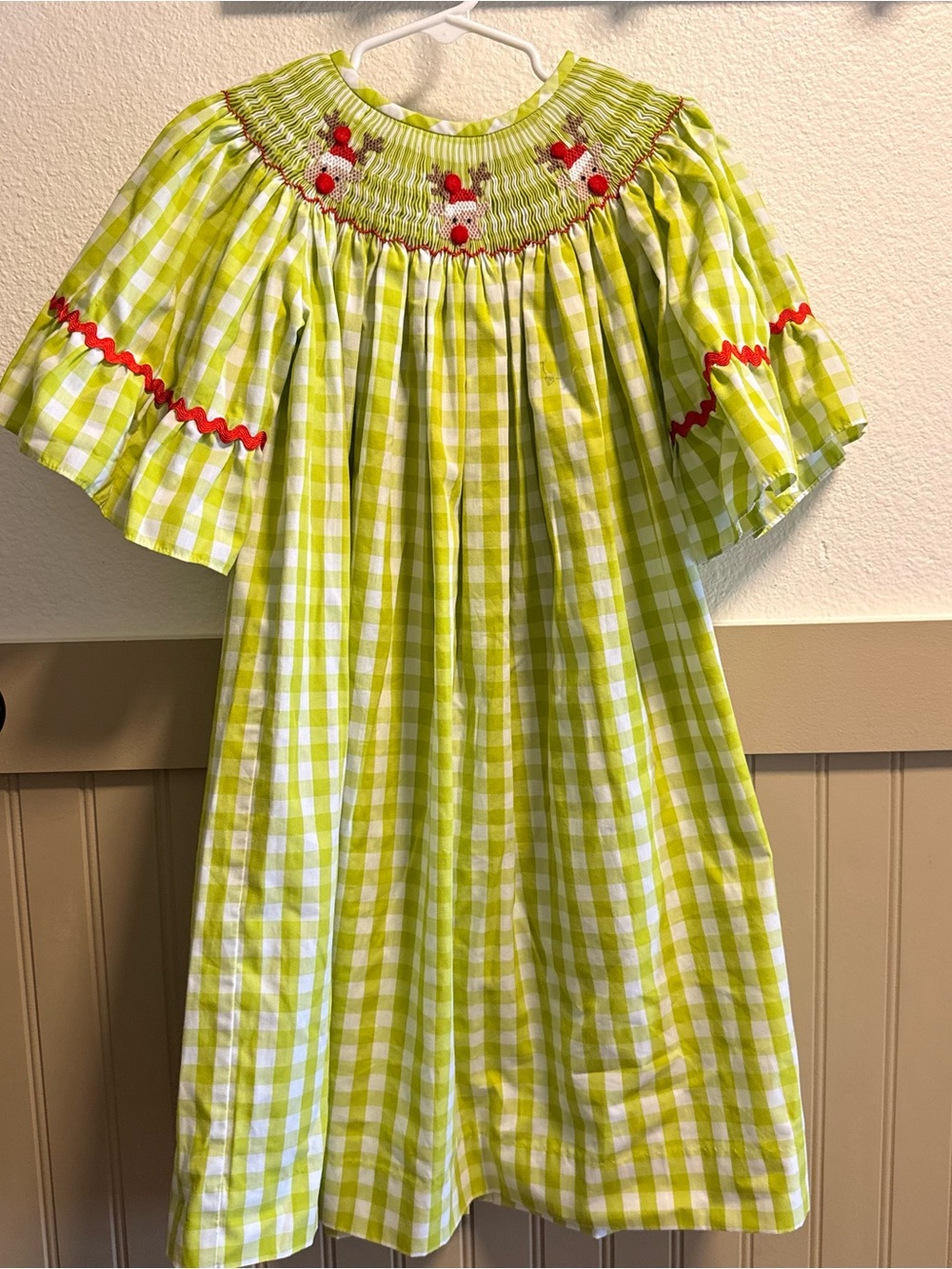 True Boutique Lime Green Gingham Smocked Girls Dress with Reindeer Accent